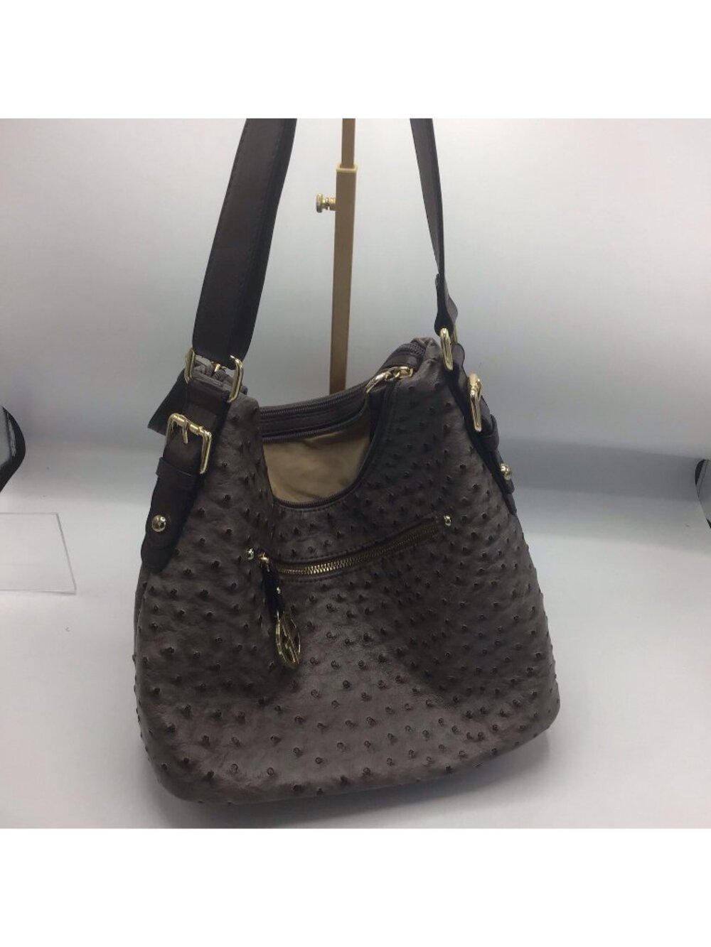 Giani Bernini Taupe Faux Ostrich Leather Bucket Hobo Crossbody Bag Purse EUC